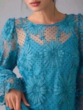 Eva Franco Turquoise Floral Appliqué Sheer Top